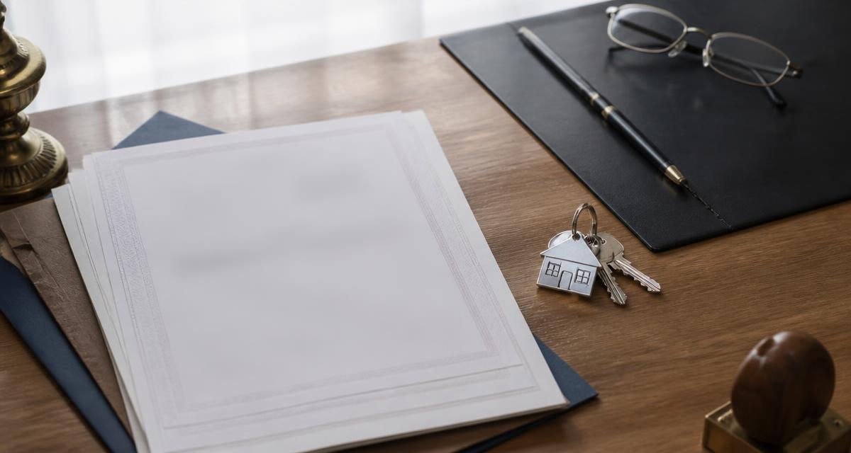Dosar cu acte pentru vânzarea unui apartament, chei cu breloc în formă de casă și ochelari pe biroul notarului