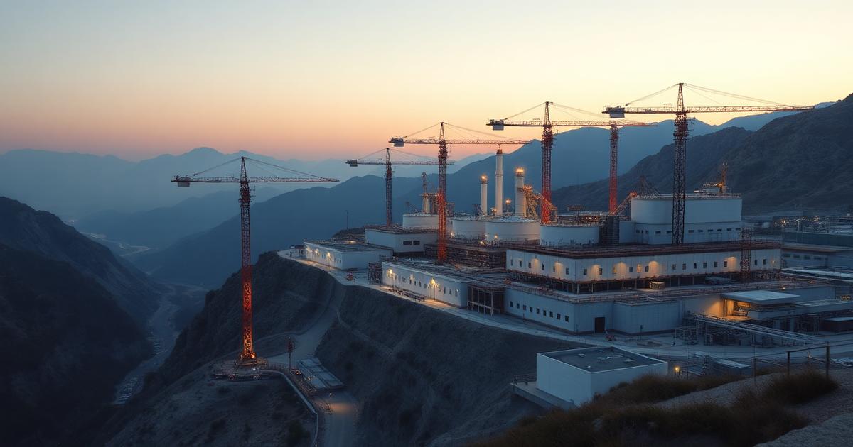 Platformă industrială modernă în construcție lângă munte
