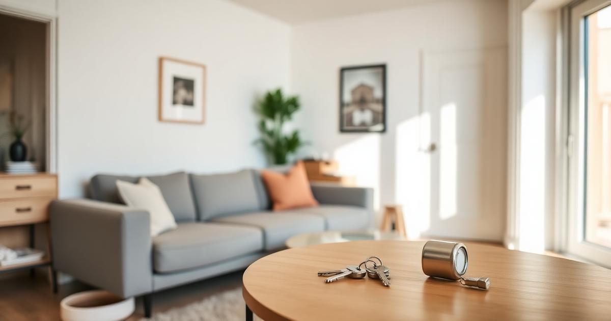 Living mobilat și curat, pregătit pentru predarea către chiriaș, cu chei pe masa din sufragerie